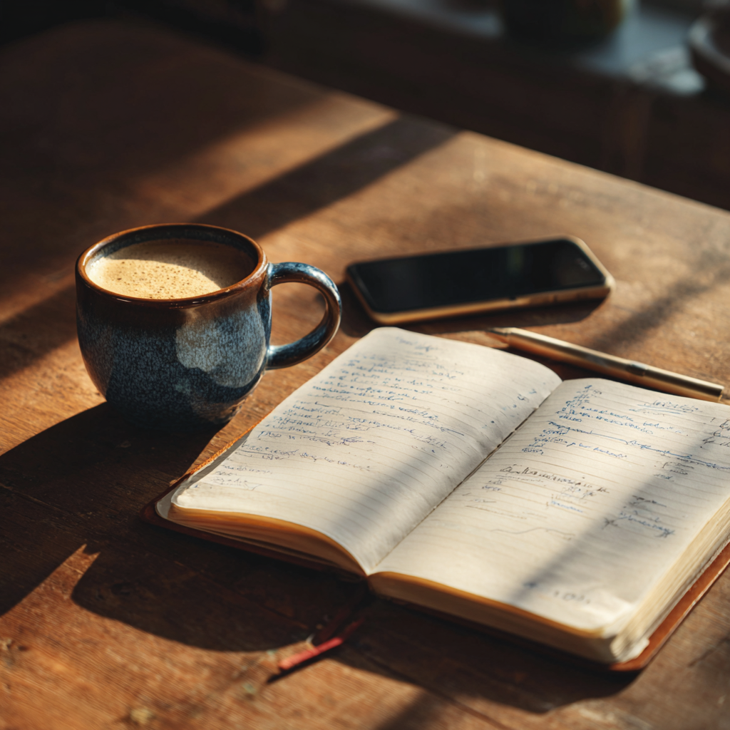 Editorial desk scene with notebook and coffee