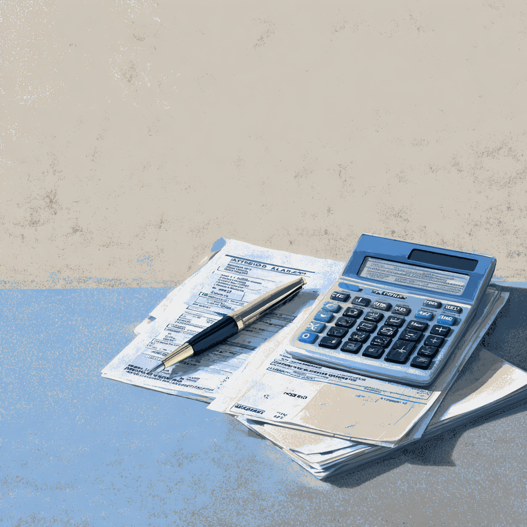 Calculator, pay stubs, and notepad