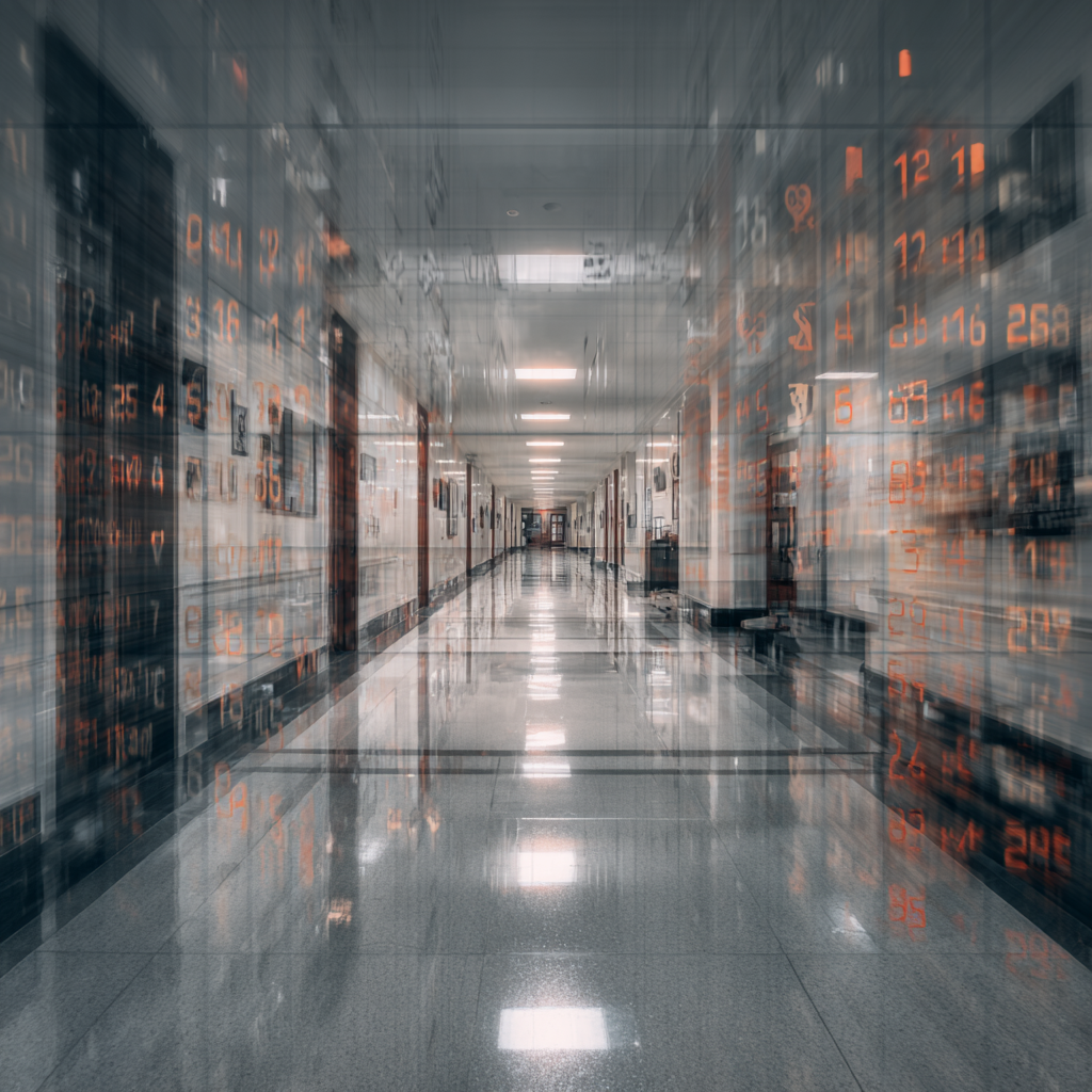 Courthouse hallway with calendar overlay