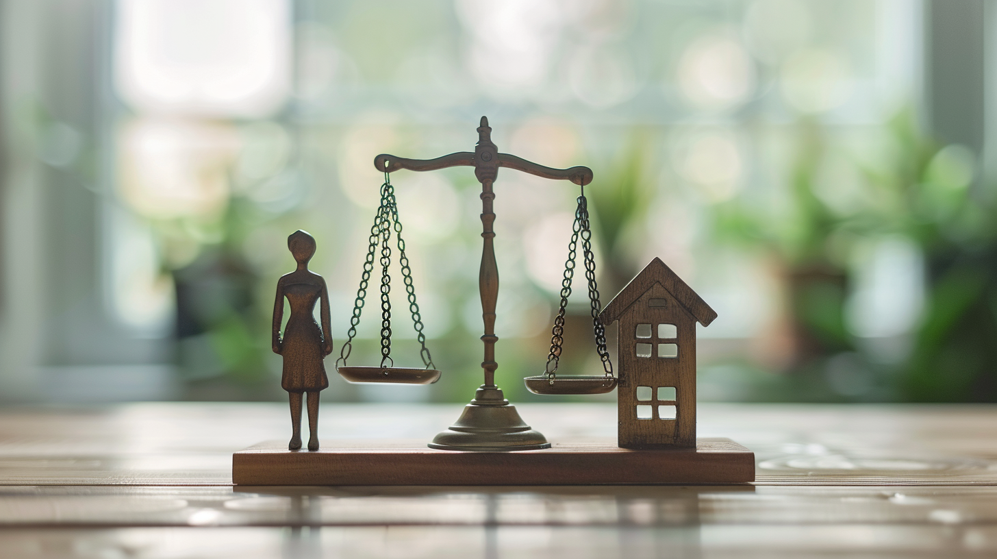 Split house figurine beside balance scale