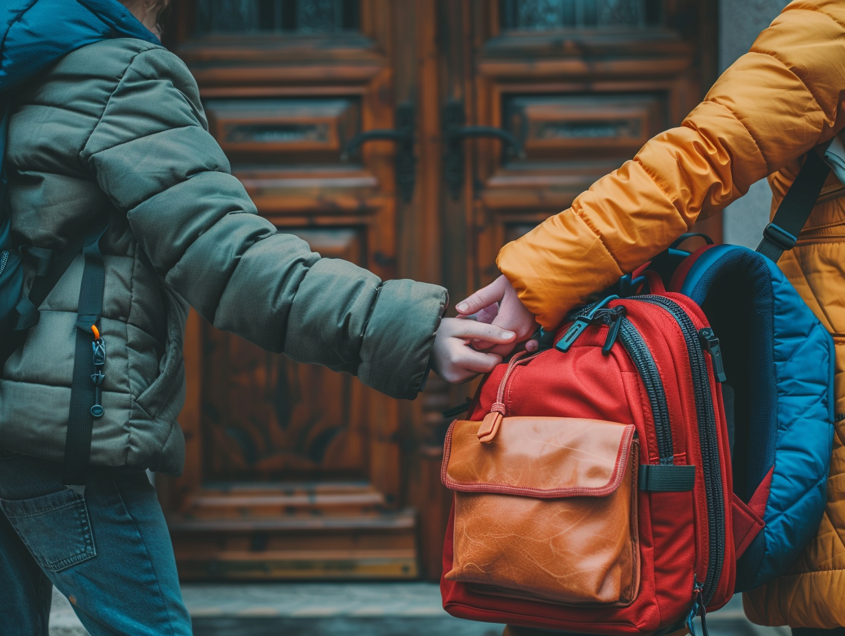 Two backpacks hanging on hooks